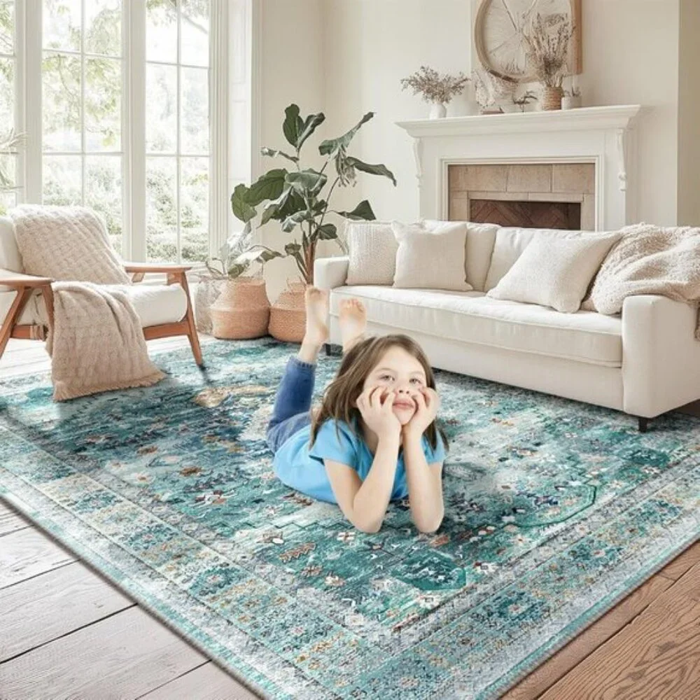 5x7 Green Boho Area Rug, Washable, No Pile, Non-Slip Vintage Distressed Carpet
